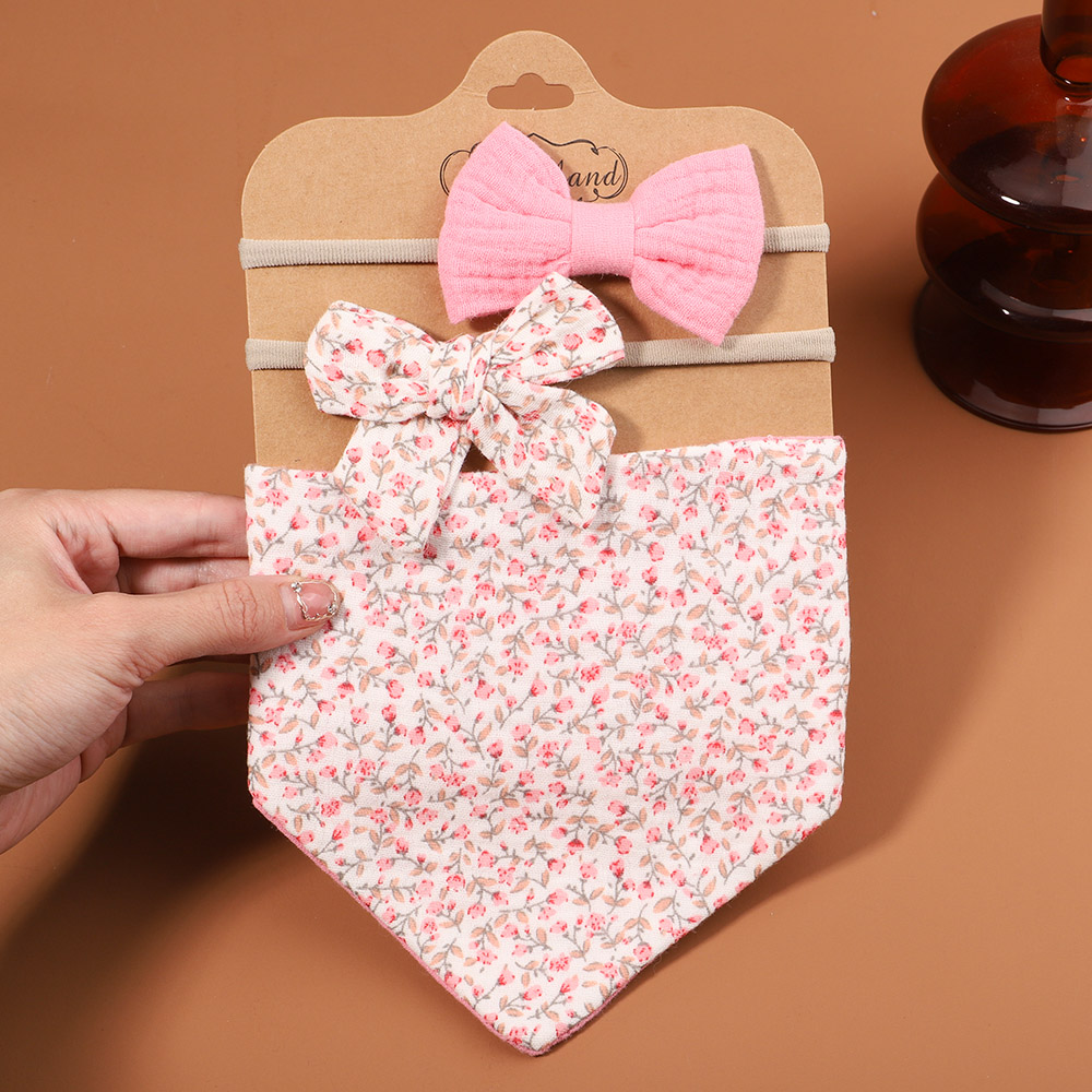 3Pcs/Set Muslin Cotton Print Bib Newborn Bows Headband Triangle Saliva Towel Infant Boy Girl Feeding Burp Baby Hair Accessories
