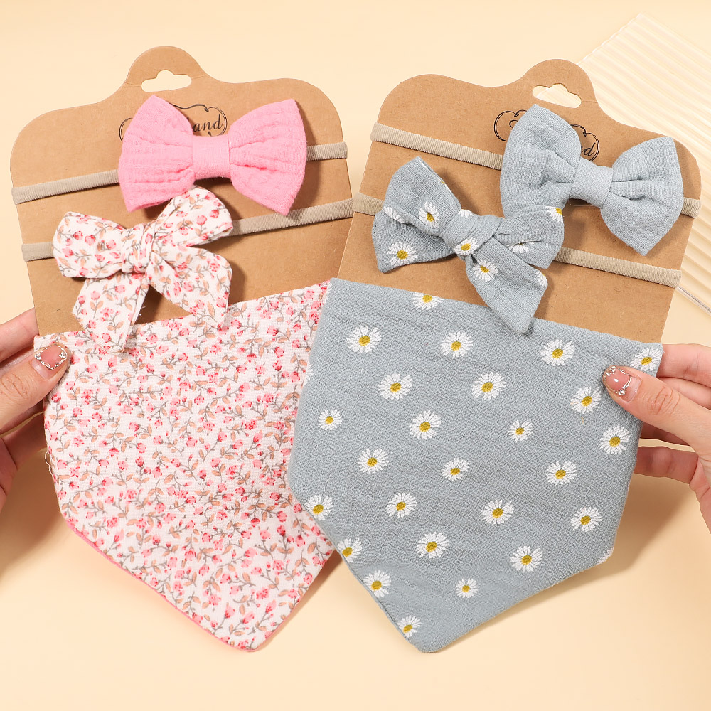 3Pcs/Set Muslin Cotton Print Bib Newborn Bows Headband Triangle Saliva Towel Infant Boy Girl Feeding Burp Baby Hair Accessories