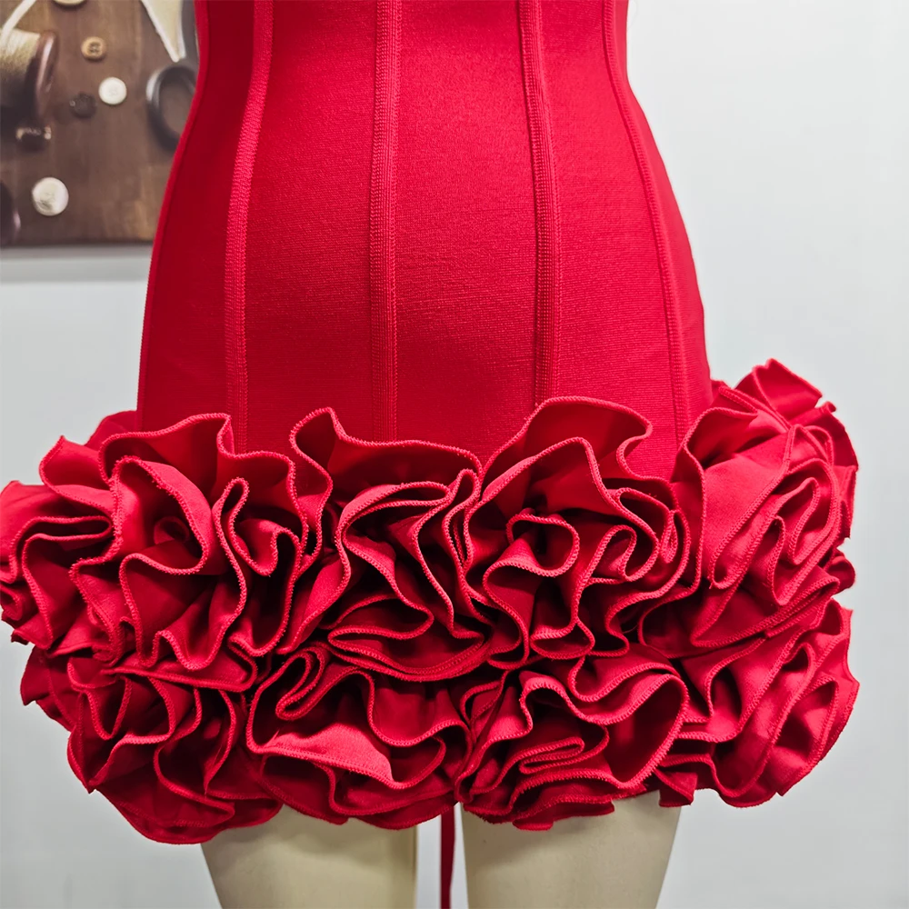 VC Christmas Dress Strapless Backless Red Structured Floral Embellished Mini Length Bodycon Celebrity Party Cocktail Dress