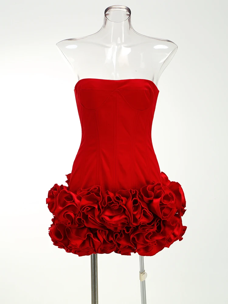 VC Christmas Dress Strapless Backless Red Structured Floral Embellished Mini Length Bodycon Celebrity Party Cocktail Dress