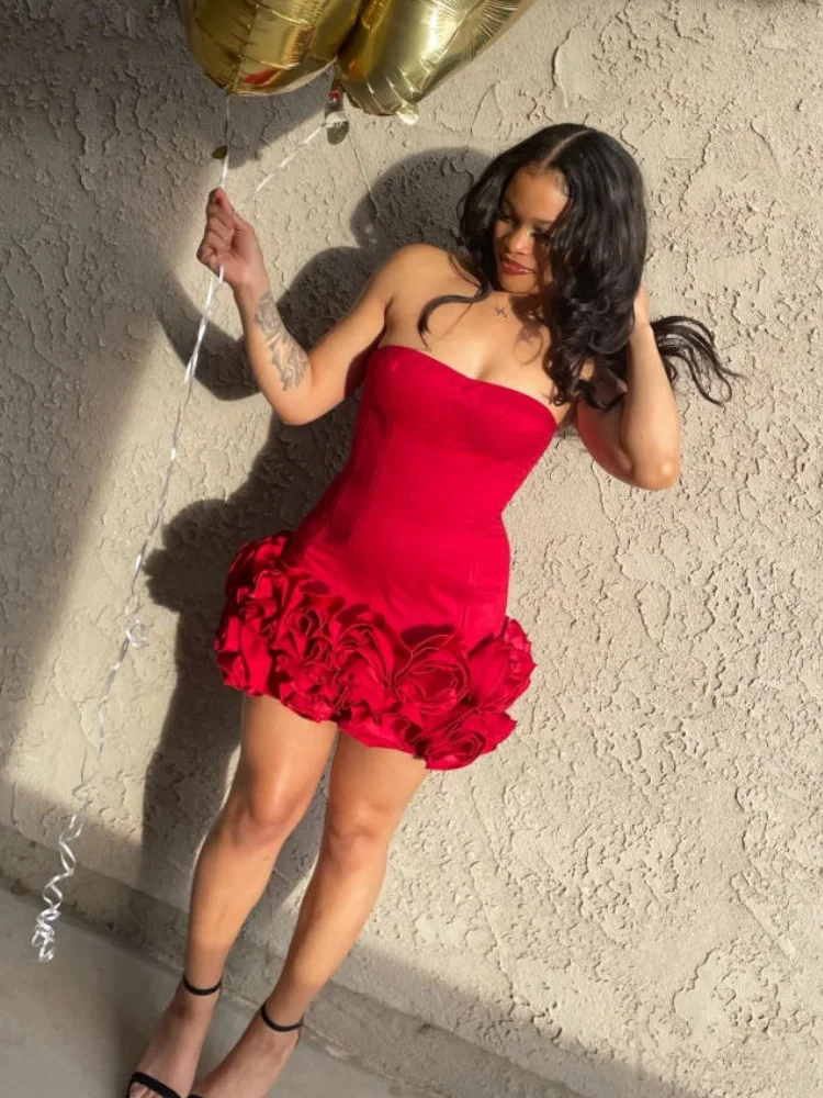 VC Christmas Dress Strapless Backless Red Structured Floral Embellished Mini Length Bodycon Celebrity Party Cocktail Dress