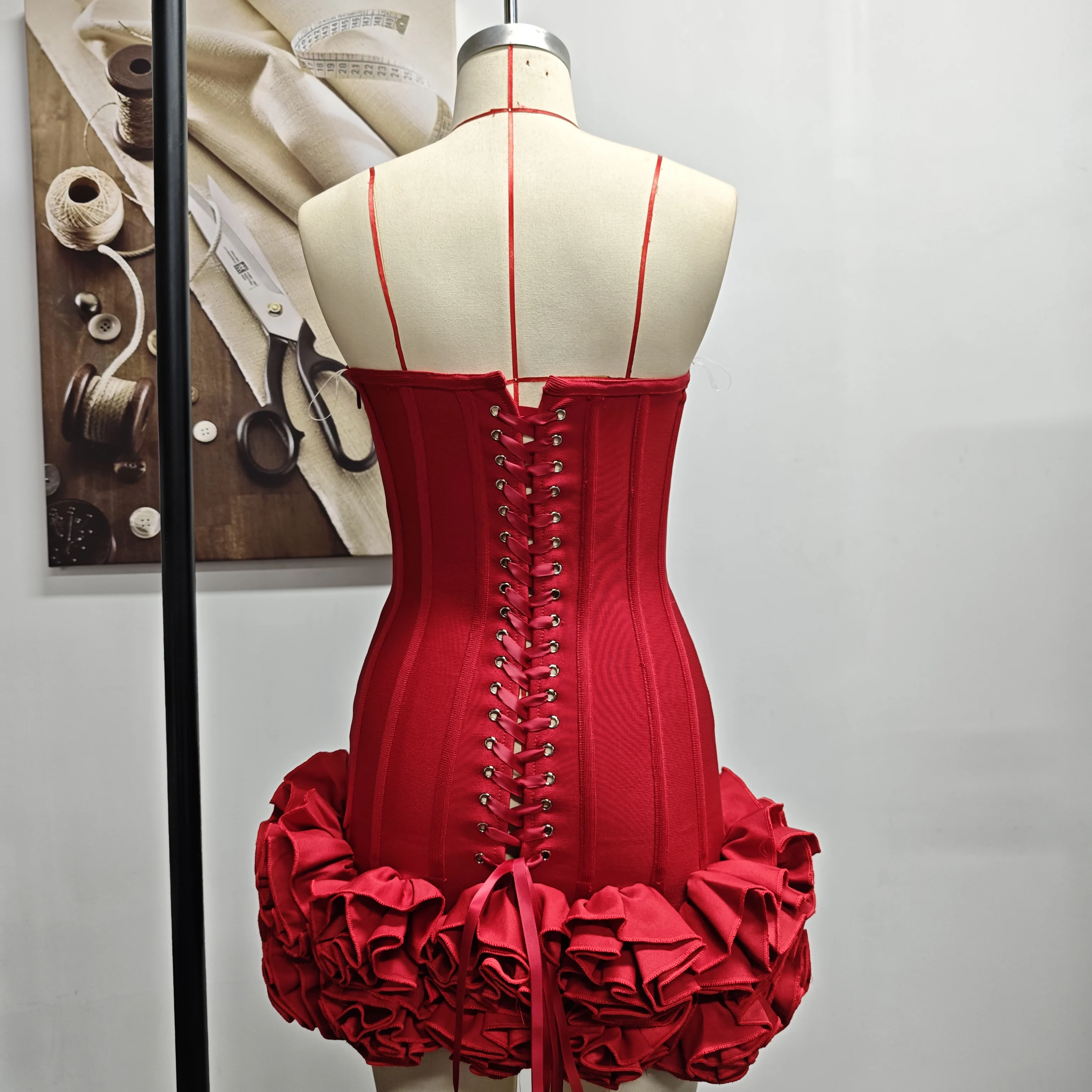 VC Christmas Dress Strapless Backless Red Structured Floral Embellished Mini Length Bodycon Celebrity Party Cocktail Dress