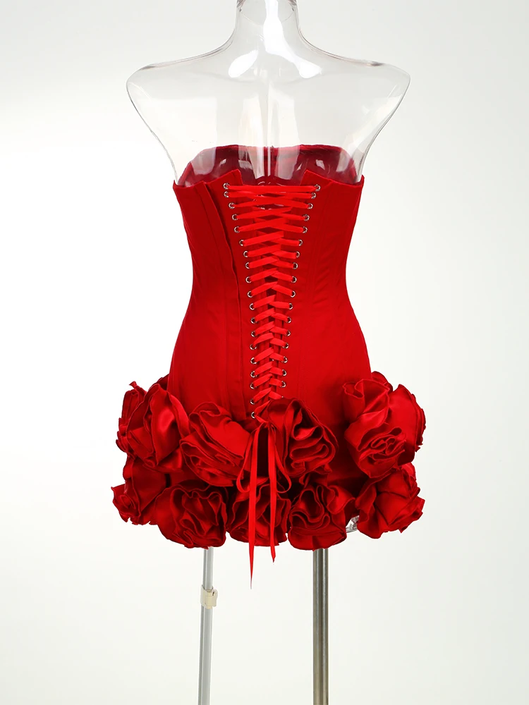 VC Christmas Dress Strapless Backless Red Structured Floral Embellished Mini Length Bodycon Celebrity Party Cocktail Dress