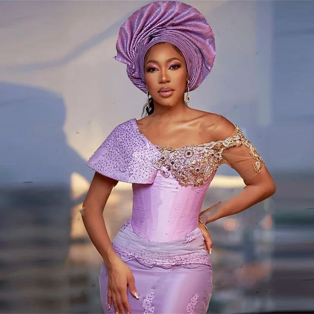 One Shoulder Beads Appliques Short Sleeves African Women Evening Dress Mermaid Gowns For Mother Lavender Aso Ebi Prom Dresses