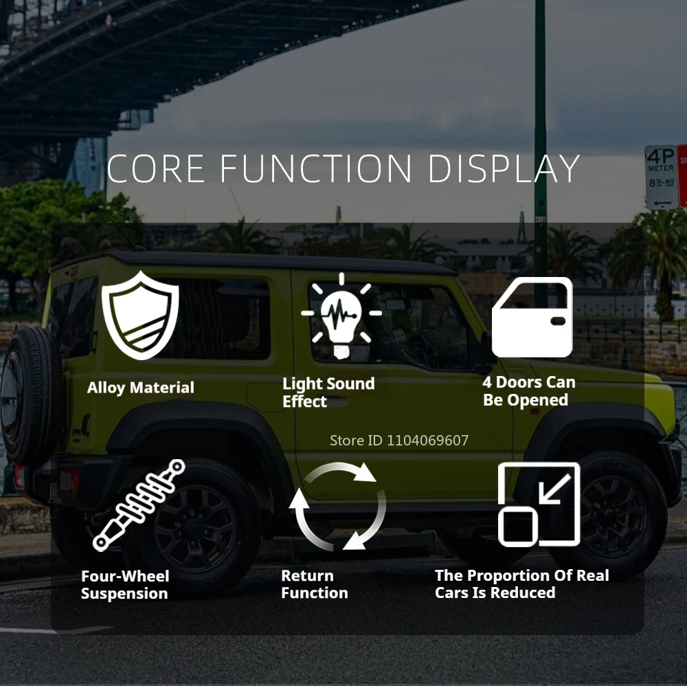 1:24 Suzuki Jimny Car Model Toys Alloy Diecast SUV 4 Doors Opened Pull Back Sound Light Shock Absorption Ornament Vehicles Gifts