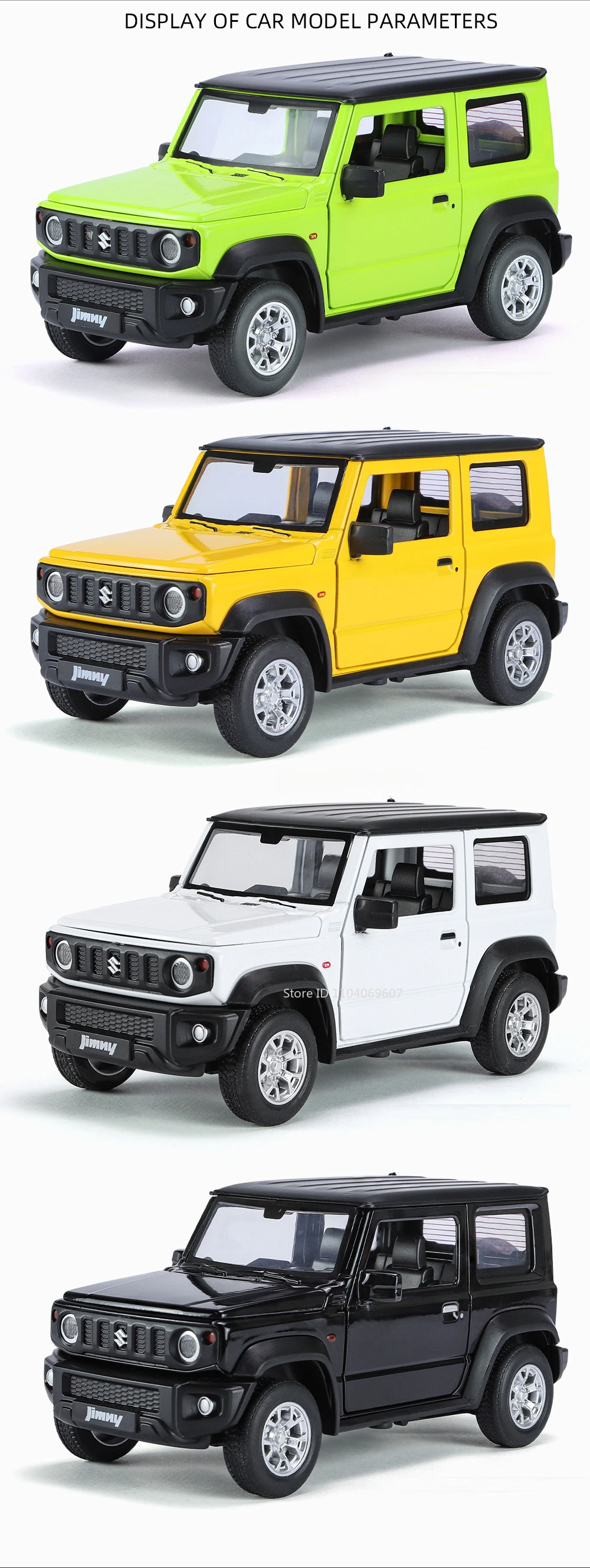 1:24 Suzuki Jimny Car Model Toys Alloy Diecast SUV 4 Doors Opened Pull Back Sound Light Shock Absorption Ornament Vehicles Gifts