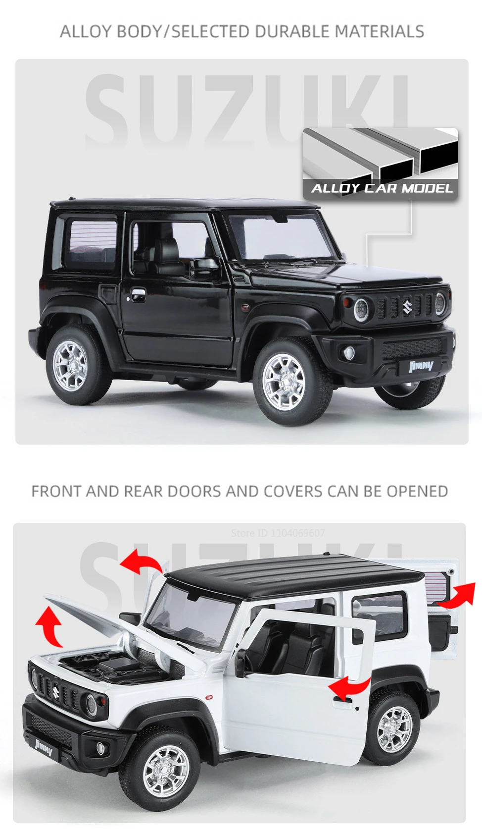 1:24 Suzuki Jimny Car Model Toys Alloy Diecast SUV 4 Doors Opened Pull Back Sound Light Shock Absorption Ornament Vehicles Gifts