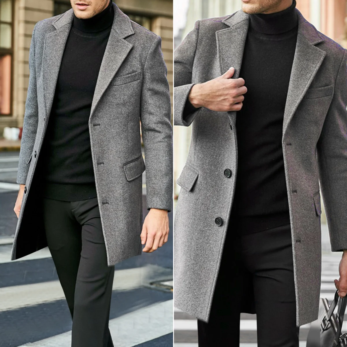 Autumn Winter Men's Casual Wool Coat British Style Men's Long Sleeve Wool Jacket Lined