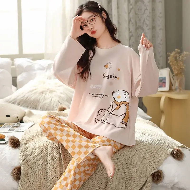 2Pcs/set Women's Pajamas Spring and Autumn Long-Sleeved Trousers Cartoon Cute Can Be Worn Outside Leisure and Comfortable Studen