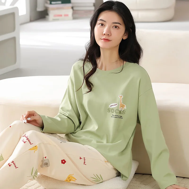 2Pcs/set Women's Pajamas Spring and Autumn Long-Sleeved Trousers Cartoon Cute Can Be Worn Outside Leisure and Comfortable Studen