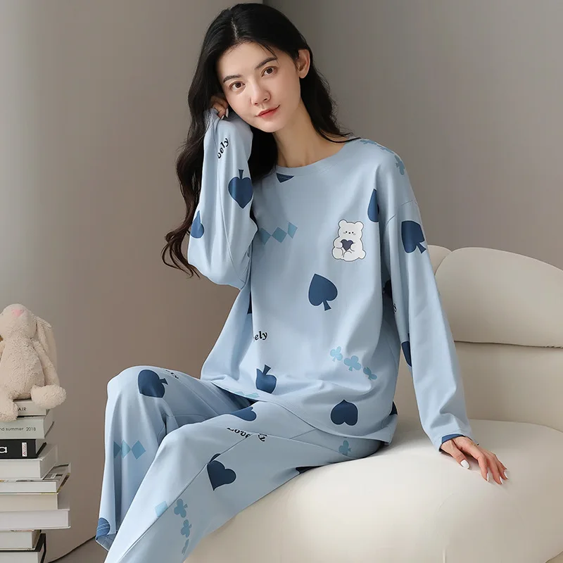 2Pcs/set Women's Pajamas Spring and Autumn Long-Sleeved Trousers Cartoon Cute Can Be Worn Outside Leisure and Comfortable Studen