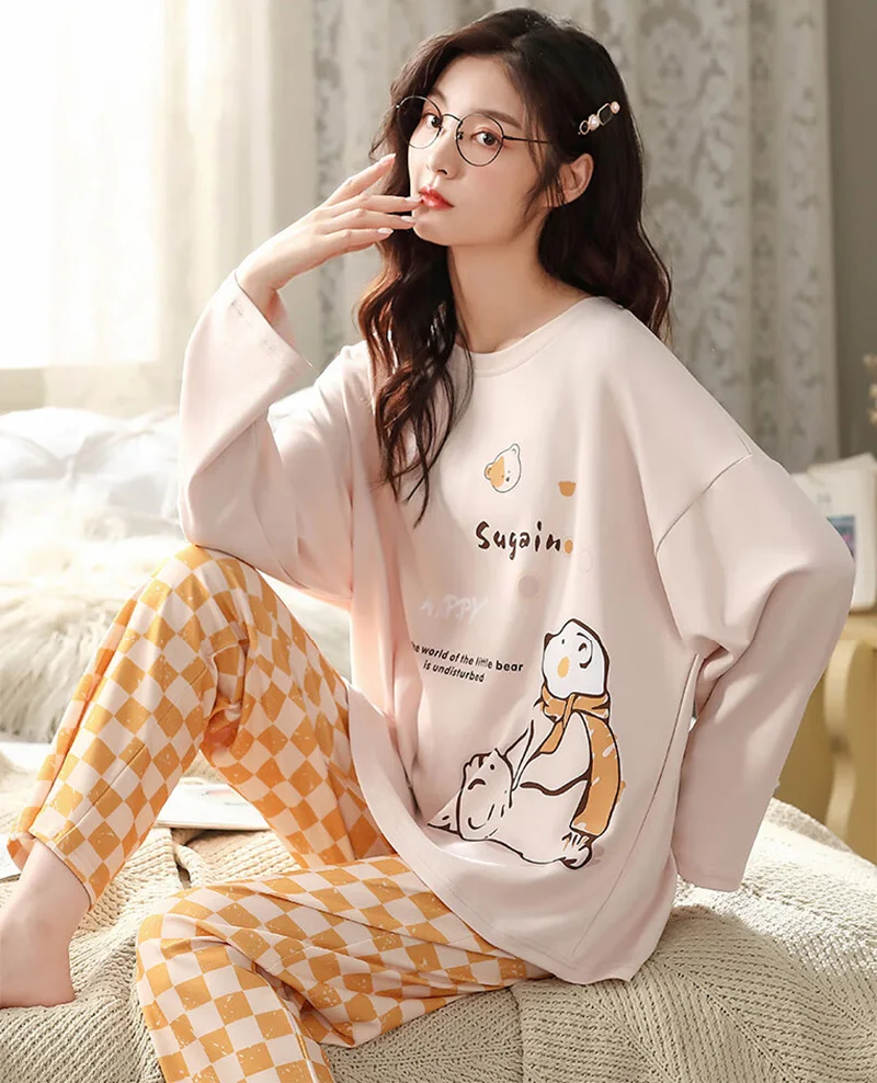 2Pcs/set Women's Pajamas Spring and Autumn Long-Sleeved Trousers Cartoon Cute Can Be Worn Outside Leisure and Comfortable Studen