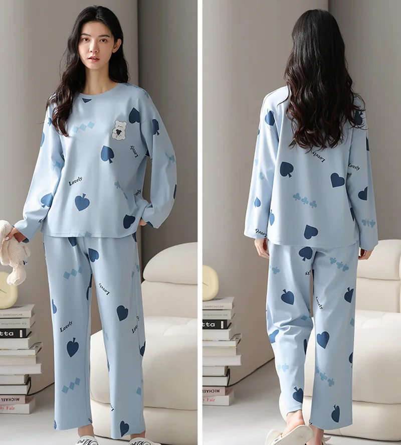 2Pcs/set Women's Pajamas Spring and Autumn Long-Sleeved Trousers Cartoon Cute Can Be Worn Outside Leisure and Comfortable Studen