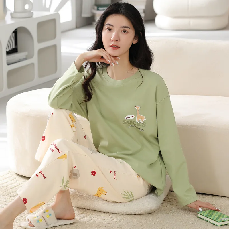 2Pcs/set Women's Pajamas Spring and Autumn Long-Sleeved Trousers Cartoon Cute Can Be Worn Outside Leisure and Comfortable Studen