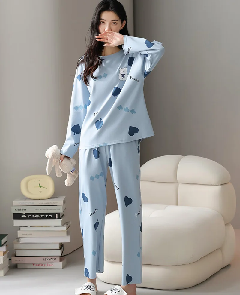 2Pcs/set Women's Pajamas Spring and Autumn Long-Sleeved Trousers Cartoon Cute Can Be Worn Outside Leisure and Comfortable Studen