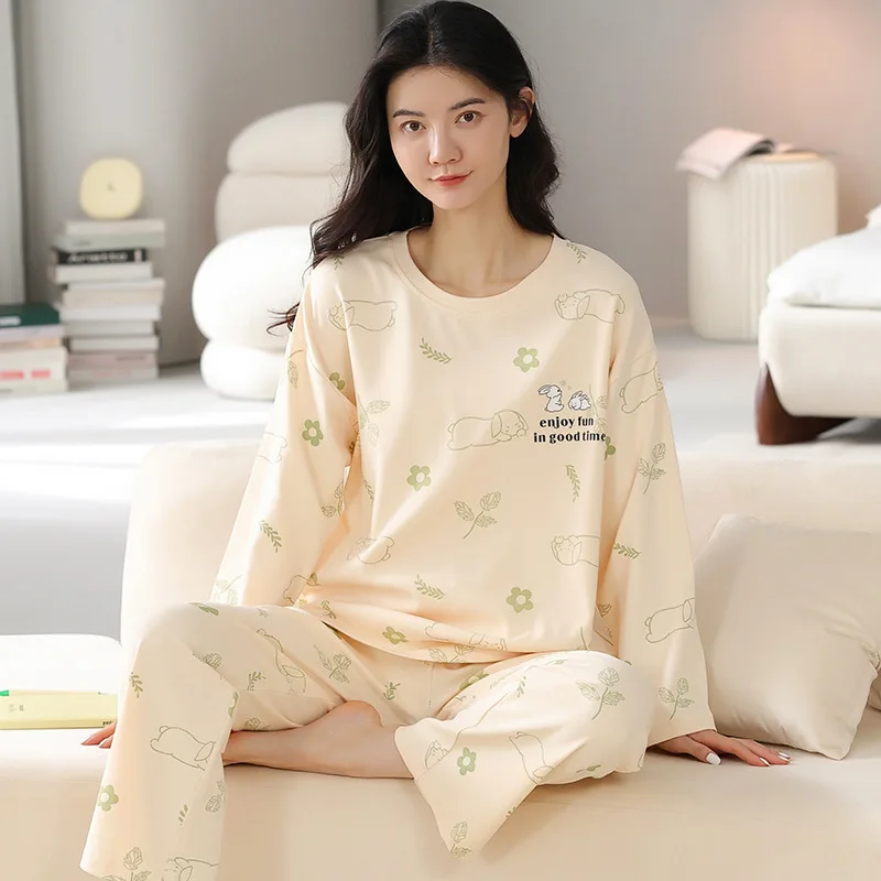 2Pcs/set Women's Pajamas Spring and Autumn Long-Sleeved Trousers Cartoon Cute Can Be Worn Outside Leisure and Comfortable Studen