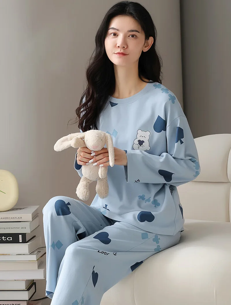 2Pcs/set Women's Pajamas Spring and Autumn Long-Sleeved Trousers Cartoon Cute Can Be Worn Outside Leisure and Comfortable Studen