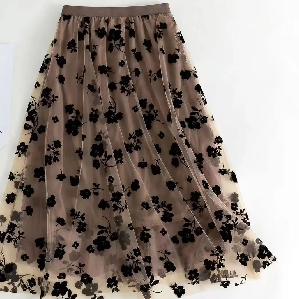 Korean Women Tulle Skirt Fashion Summer Hook Floral Loose Midi Skirt Elegant Female Casual All Match Mesh Skirts New
