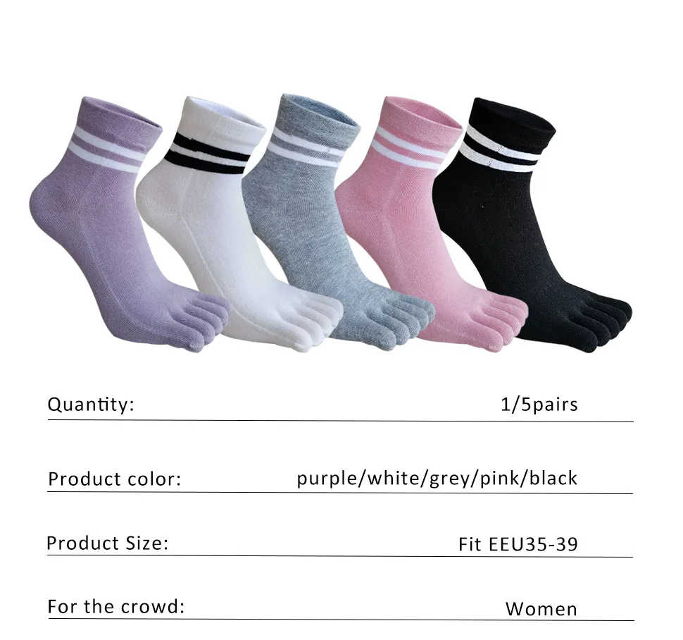 1/5 Pairs Five Finger Socks Women Girl Striped Cotton Solid Sweat-Absorbing Soft Endurable Toe Short Socks Student 4 Seasons