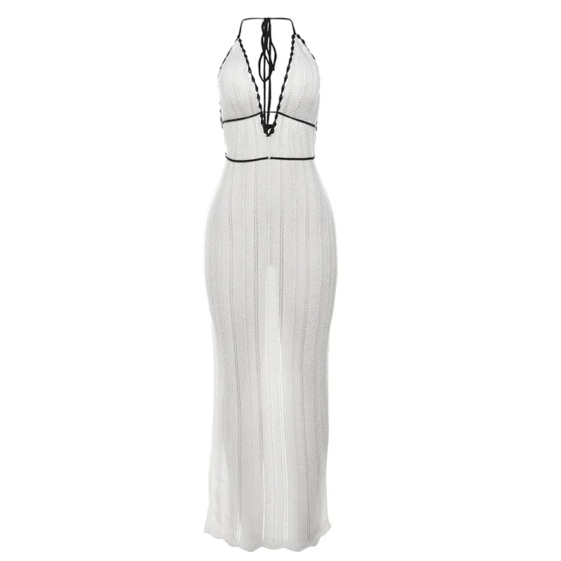 Weird Puss Sexy Elegant Halter Dress Women Summer Backless Lace-Up Color-Block Sleeveless Trendy Nightclub Wild Fashion Clothing