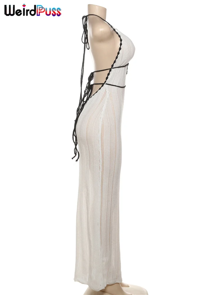 Weird Puss Sexy Elegant Halter Dress Women Summer Backless Lace-Up Color-Block Sleeveless Trendy Nightclub Wild Fashion Clothing