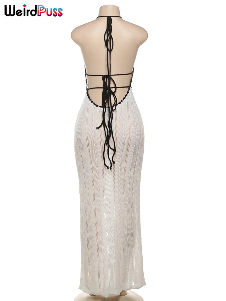 Weird Puss Sexy Elegant Halter Dress Women Summer Backless Lace-Up Color-Block Sleeveless Trendy Nightclub Wild Fashion Clothing