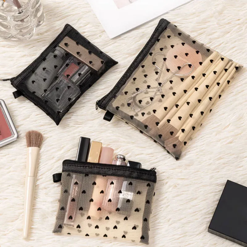 1PCS Mini Transparent Heart Makeup Bag Women Portable Lipsticks Cosmetic Storage Pouch Ins Clear Ctue Small Make Up BagS
