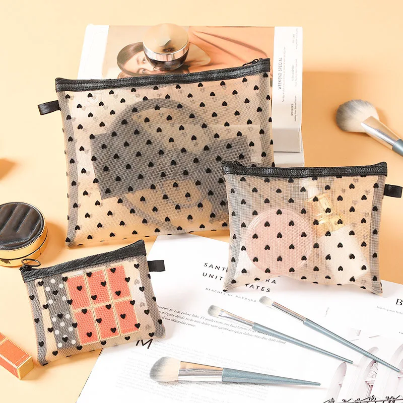 1PCS Mini Transparent Heart Makeup Bag Women Portable Lipsticks Cosmetic Storage Pouch Ins Clear Ctue Small Make Up BagS