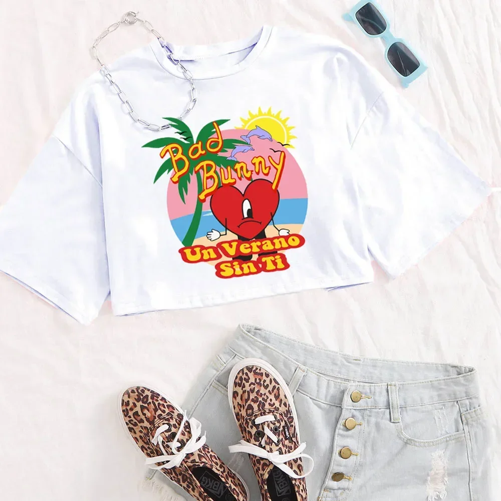 Bad Bunny Un Verano Sin Ti T-Shirt Women Crop Tops Girls O-Neck Short Sleeves Casual Loose Music Shirts Fans Gift
