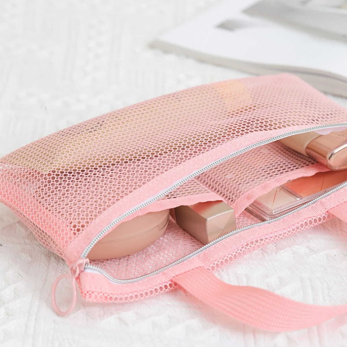 Pink Mesh Multi-Pocket Mini Makeup Bag Swimming Bag Portable Travel Storage Bag Portable Bath Bag Beach Bag One Pack