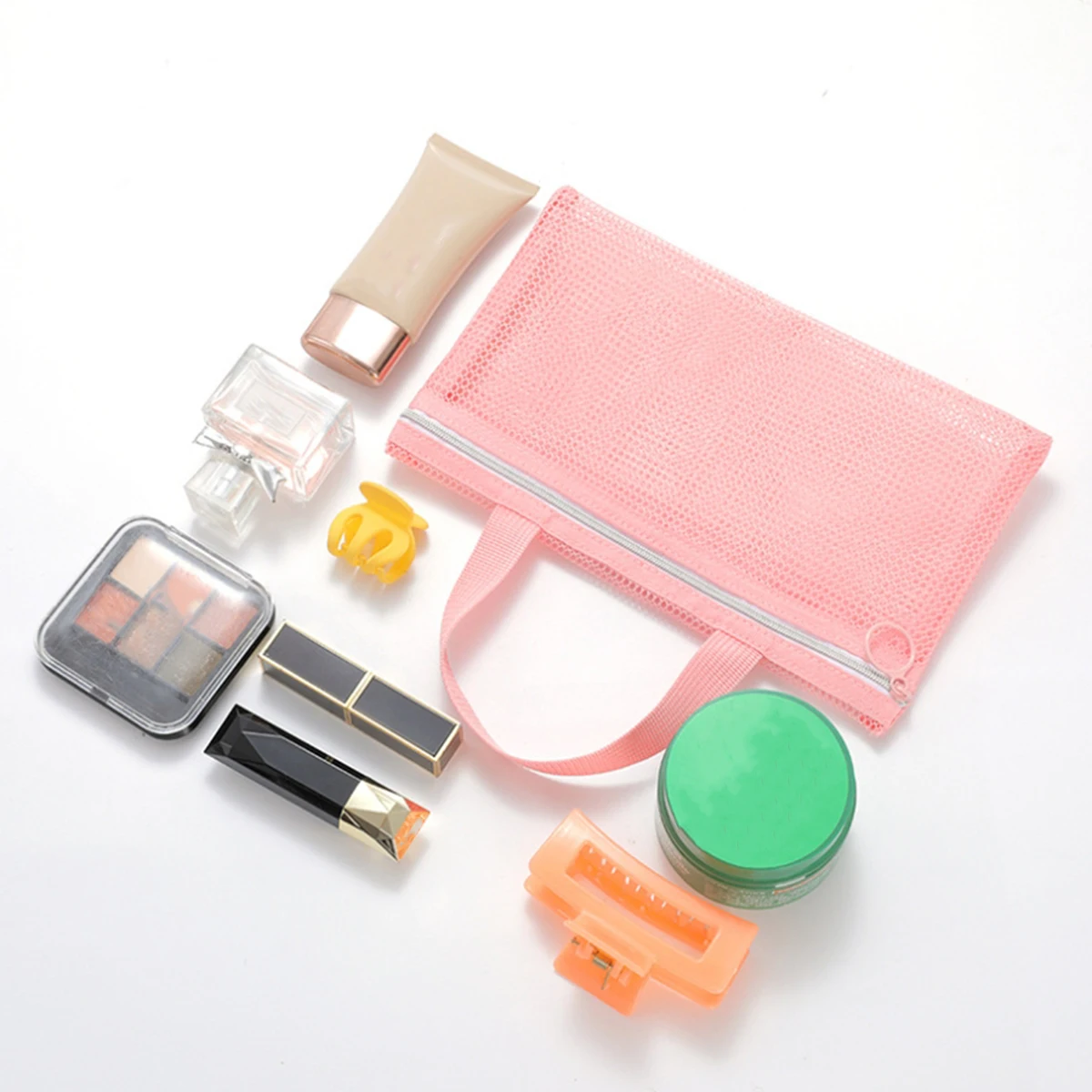 Pink Mesh Multi-Pocket Mini Makeup Bag Swimming Bag Portable Travel Storage Bag Portable Bath Bag Beach Bag One Pack