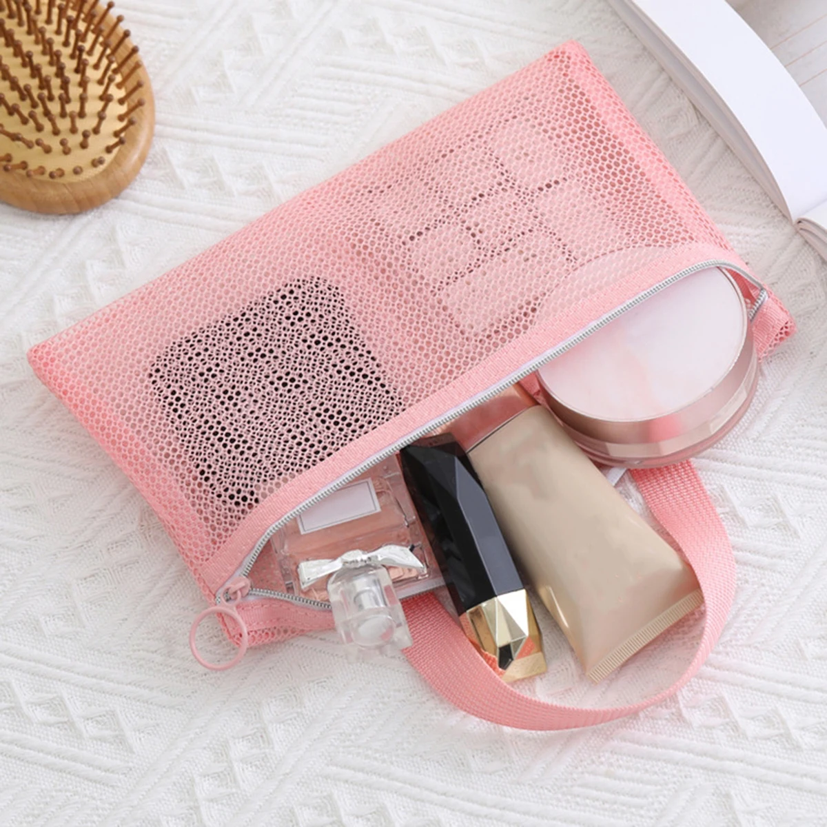 Pink Mesh Multi-Pocket Mini Makeup Bag Swimming Bag Portable Travel Storage Bag Portable Bath Bag Beach Bag One Pack