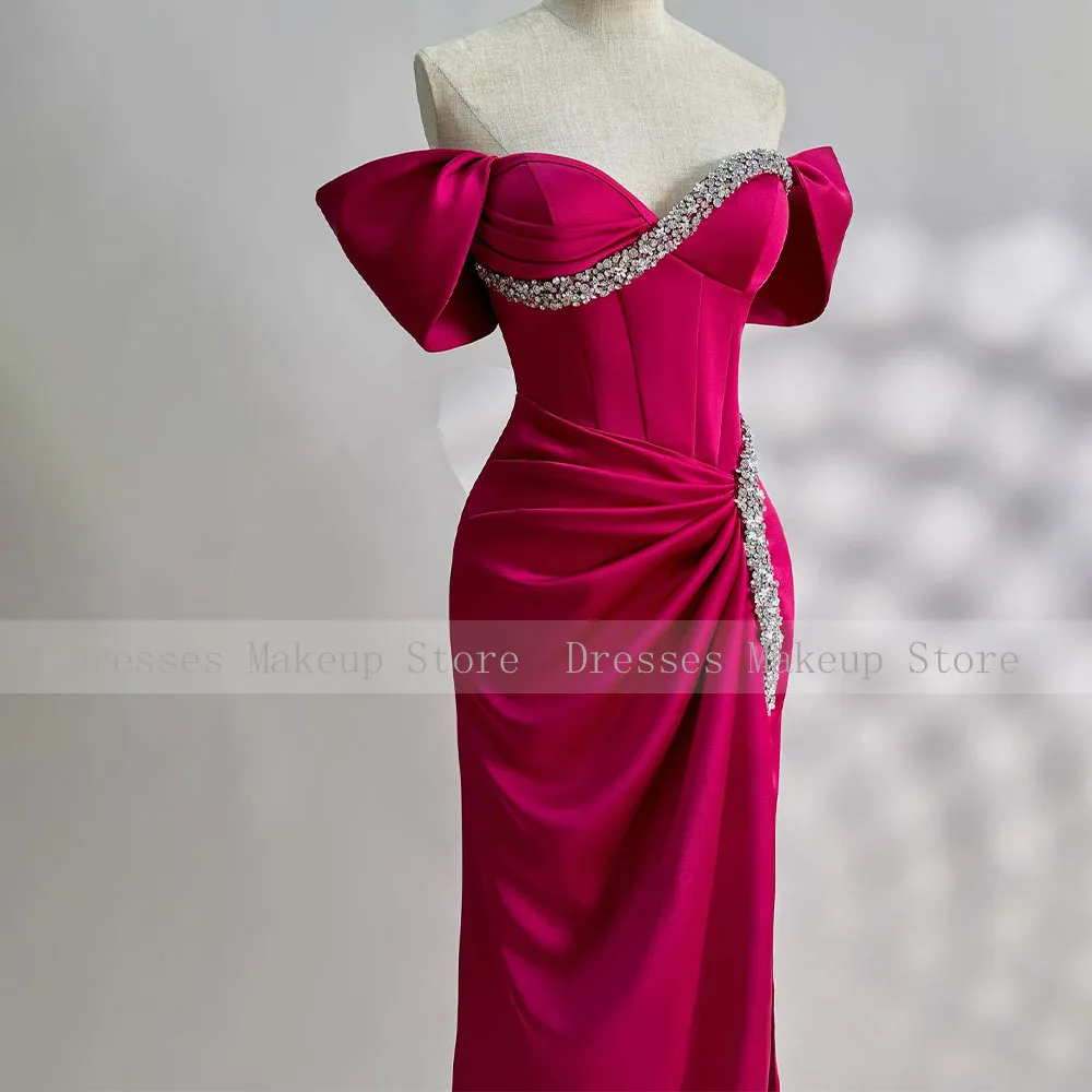 Customized Fuchsia Prom Dress Off the Shoulder Crystals Sweetheart Prom Gowns for Women Floor Length Column Formal Party Dresses