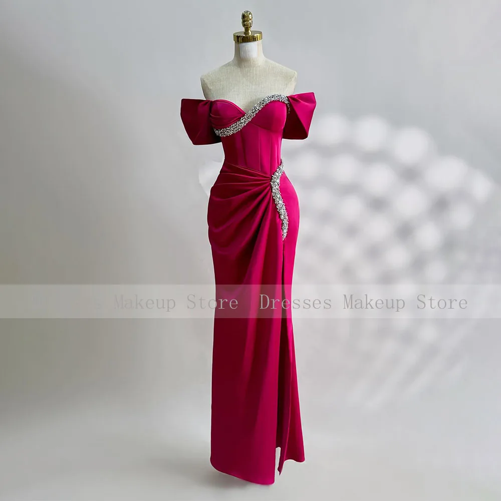 Customized Fuchsia Prom Dress Off the Shoulder Crystals Sweetheart Prom Gowns for Women Floor Length Column Formal Party Dresses