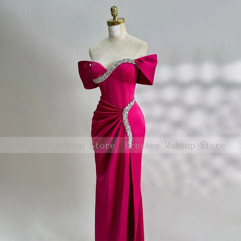 Customized Fuchsia Prom Dress Off the Shoulder Crystals Sweetheart Prom Gowns for Women Floor Length Column Formal Party Dresses
