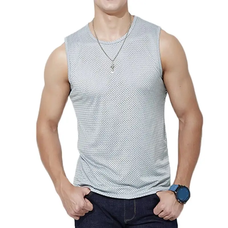 1 PC Men's Ice Silk Mesh Tank Tops Gym Stringer Transparent Bodybuilding Sleeveless Shirt Fitness Vest Male mesh Muscle Singlets