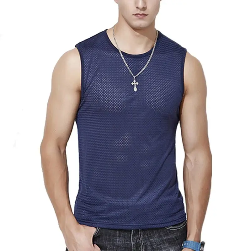 1 PC Men's Ice Silk Mesh Tank Tops Gym Stringer Transparent Bodybuilding Sleeveless Shirt Fitness Vest Male mesh Muscle Singlets