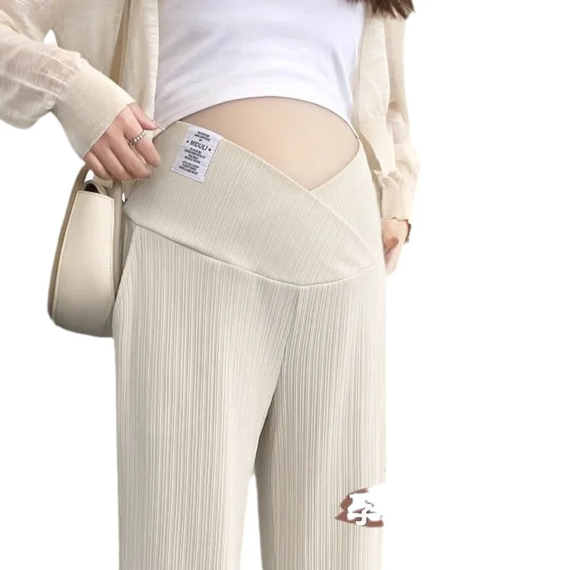 Pregnant Women Summer Thin Wide Leg Pants Loose Maternity Abdomen High Waist Trousers Pregnancy Full Length Belly Pants