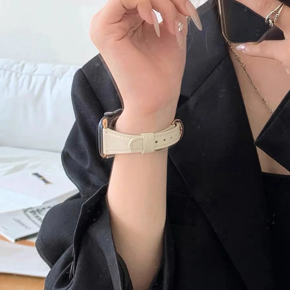 Elegant Slim Leather Loop For Apple Watch Band Correa For Women Sport Thin 38mm 40mm 41mm 42mm 44mm 45mm 49mm