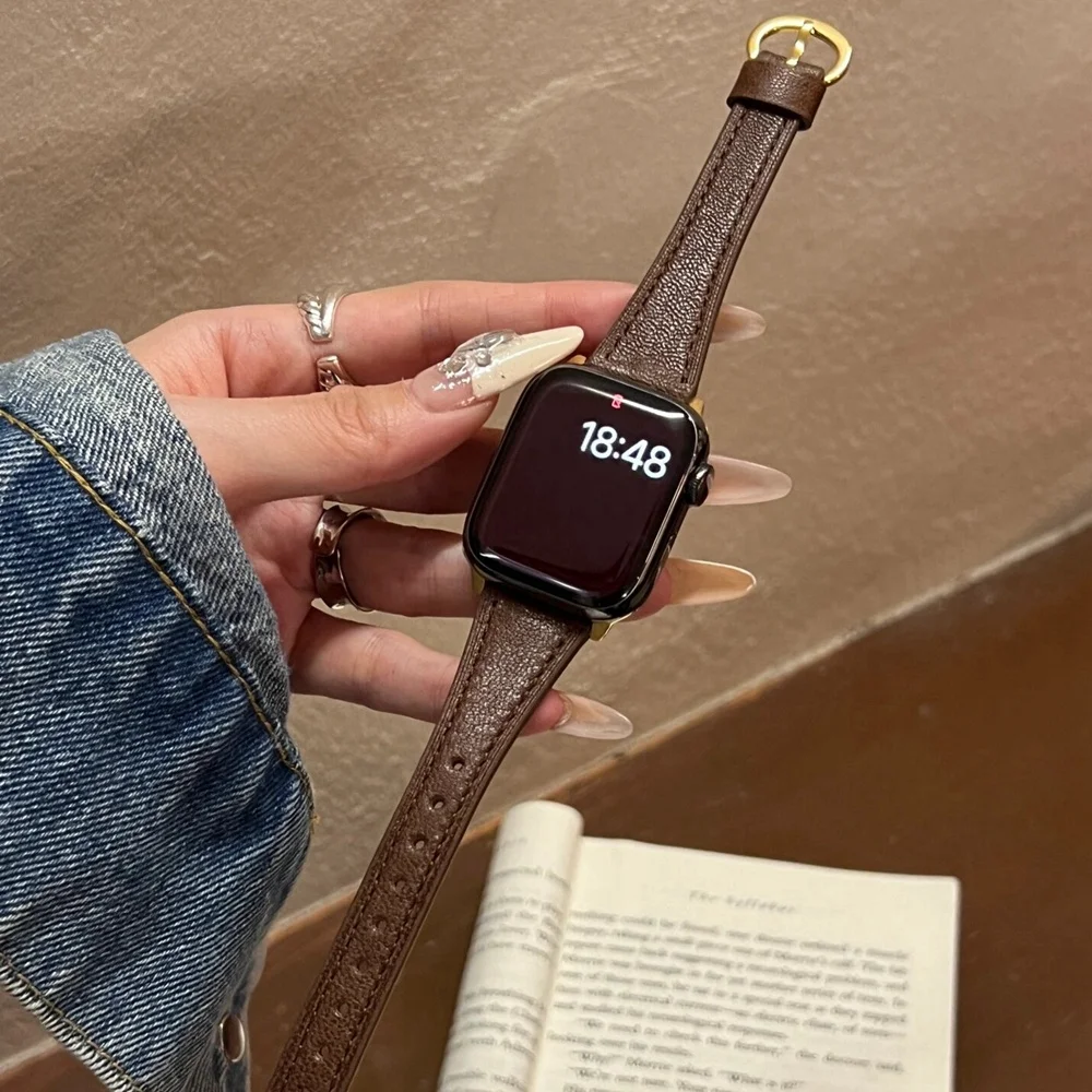 Elegant Slim Leather Loop For Apple Watch Band Correa For Women Sport Thin 38mm 40mm 41mm 42mm 44mm 45mm 49mm
