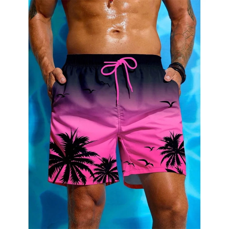 Palm Tree Pattern Beach Shorts Men Gradient 3D Printed Swim Trunks Summer Breathable Short Pants Loose Board Shorts Streetwear