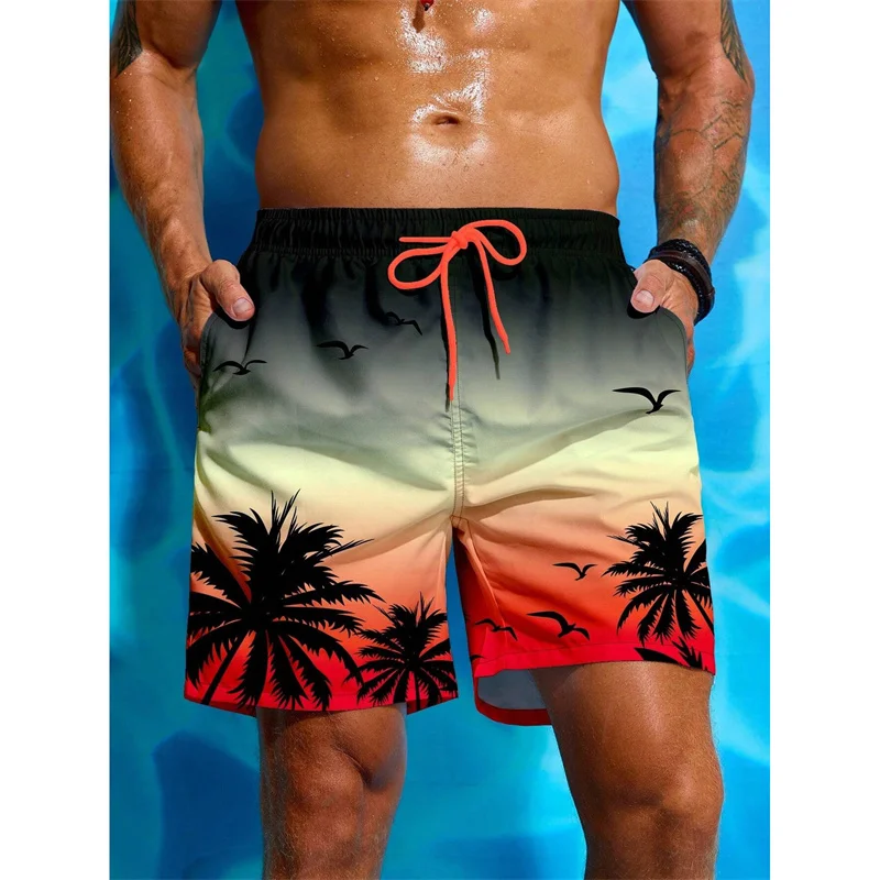 Palm Tree Pattern Beach Shorts Men Gradient 3D Printed Swim Trunks Summer Breathable Short Pants Loose Board Shorts Streetwear