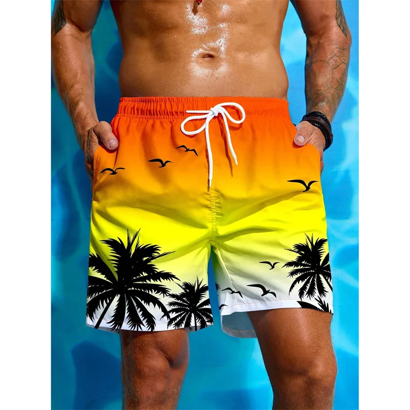 Palm Tree Pattern Beach Shorts Men Gradient 3D Printed Swim Trunks Summer Breathable Short Pants Loose Board Shorts Streetwear