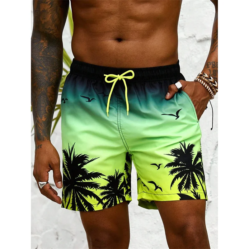 Palm Tree Pattern Beach Shorts Men Gradient 3D Printed Swim Trunks Summer Breathable Short Pants Loose Board Shorts Streetwear