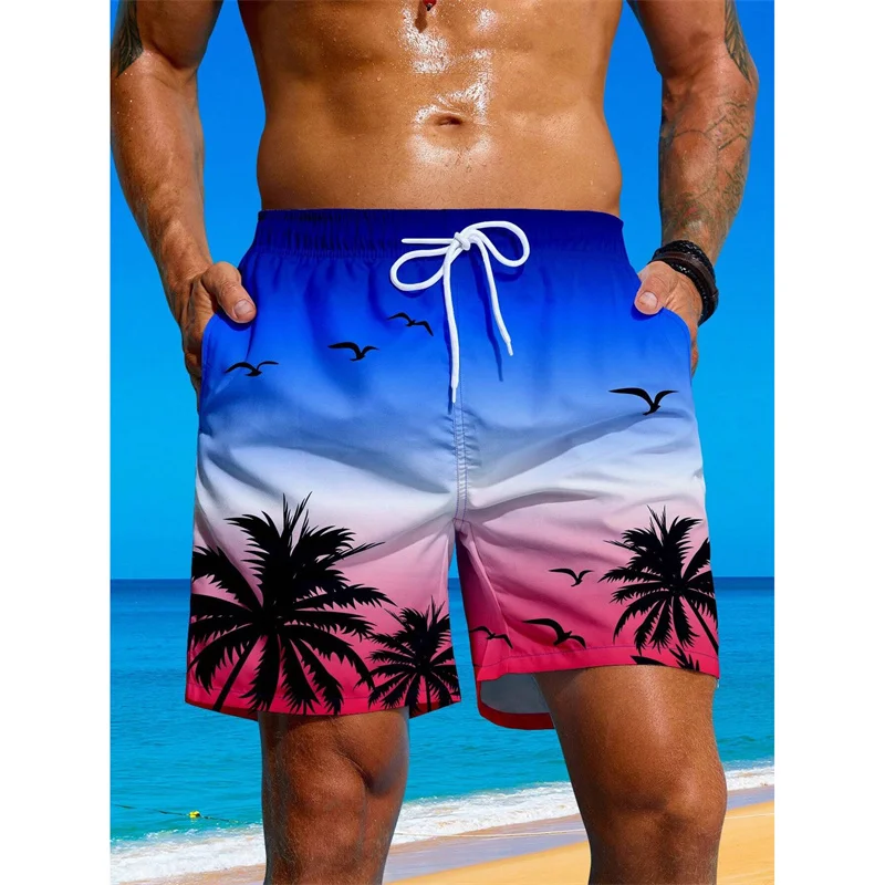 Palm Tree Pattern Beach Shorts Men Gradient 3D Printed Swim Trunks Summer Breathable Short Pants Loose Board Shorts Streetwear