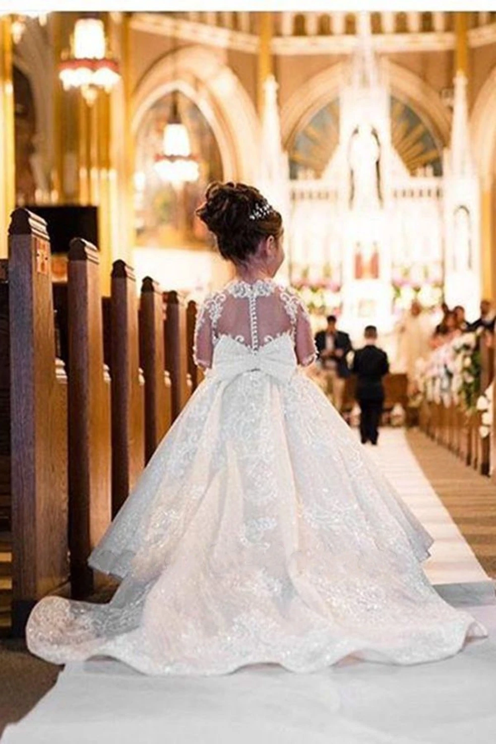 A Line Girl Lace Appliques Princess Wedding Party Flower Girls Dresses Vintage Gown With Bow Kids First Communion Ball Gown