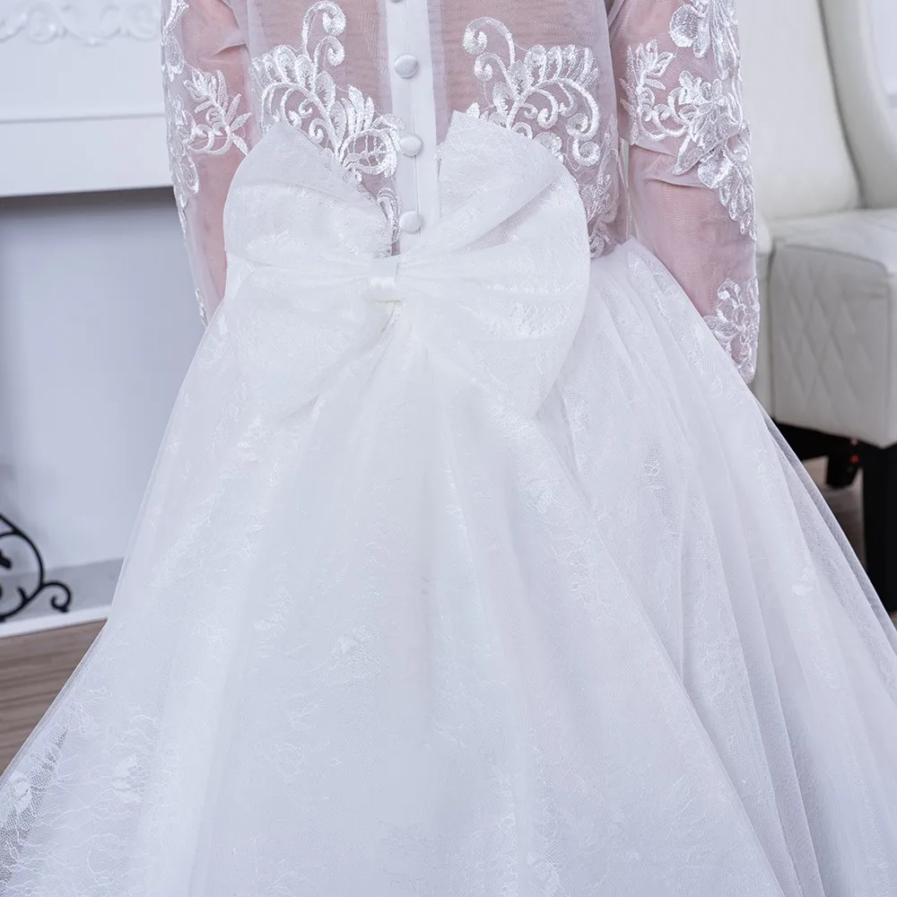 A Line Girl Lace Appliques Princess Wedding Party Flower Girls Dresses Vintage Gown With Bow Kids First Communion Ball Gown