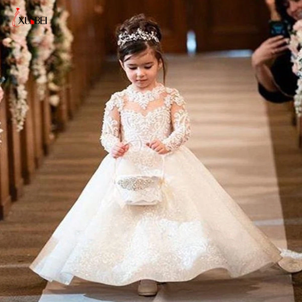 A Line Girl Lace Appliques Princess Wedding Party Flower Girls Dresses Vintage Gown With Bow Kids First Communion Ball Gown