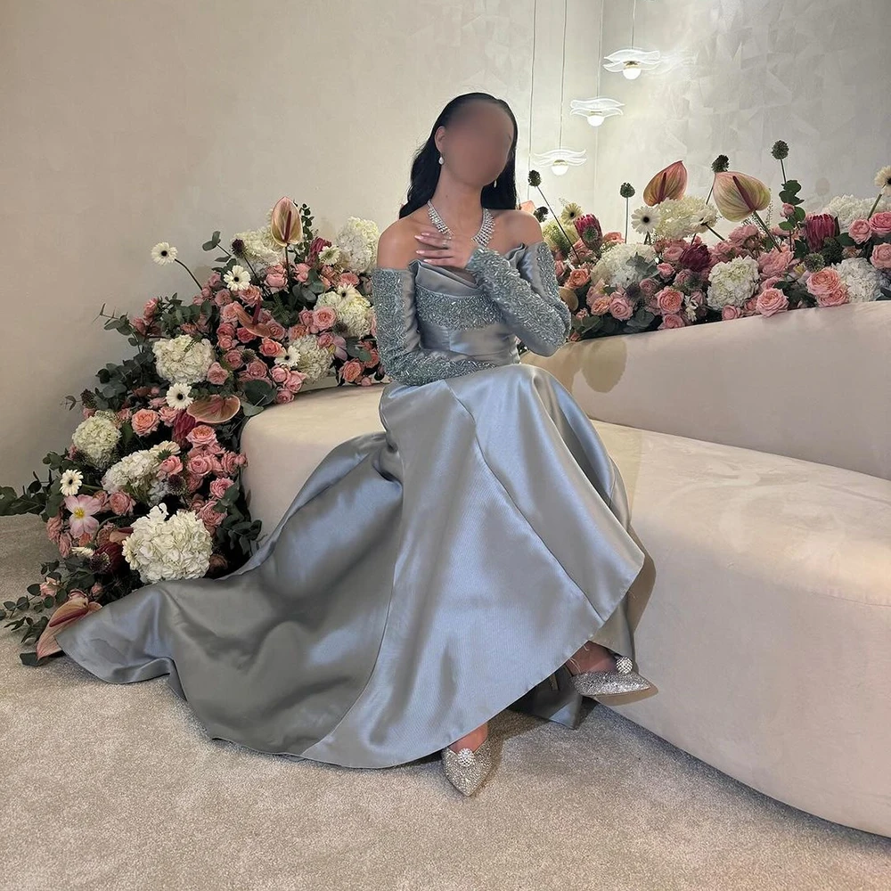 Customized sexy Fashion A-line Evening Dresses Intricate Sequined Sweep Train Three Quarter Sleeves Floor Length Formal Party Go