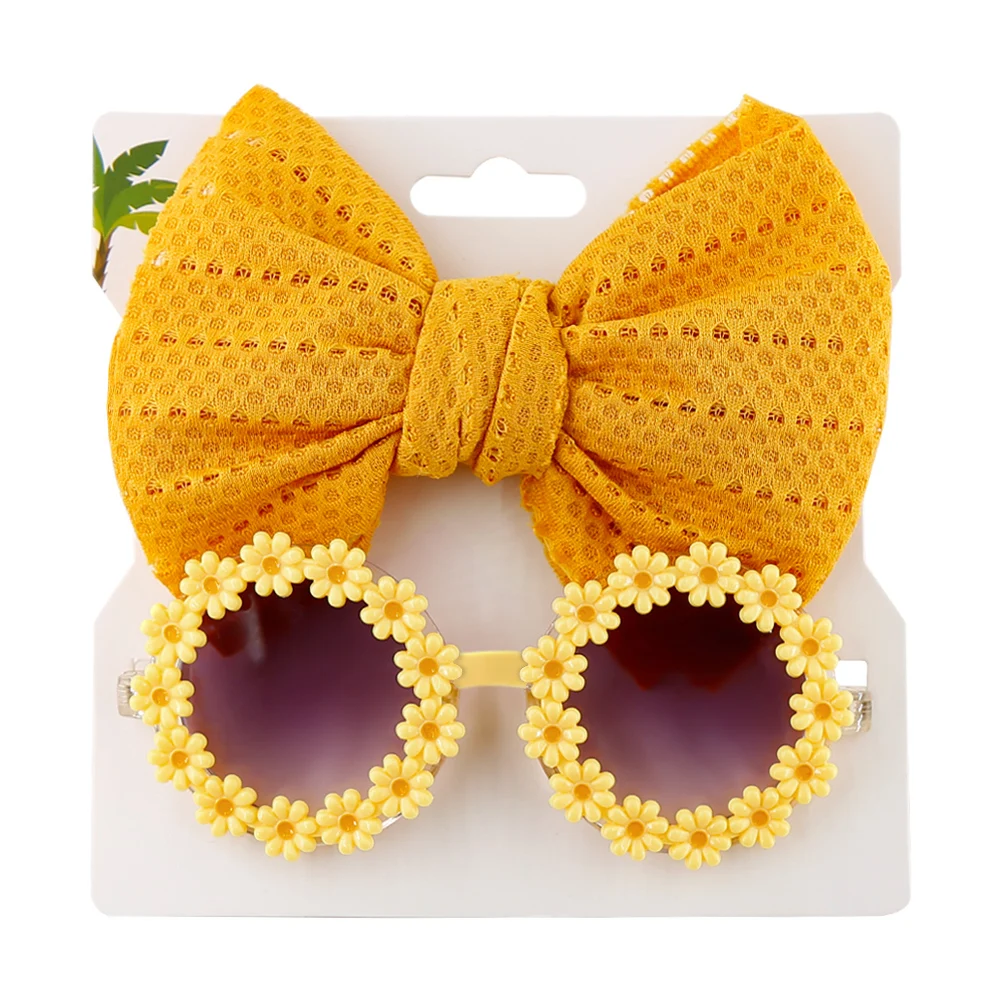 2Pcs/Card Daisy Baby Sunglasses Eyelet Bow Headband Set Elastic Nylon Hair Bands Seaside Sun Glasses Kids Headwear